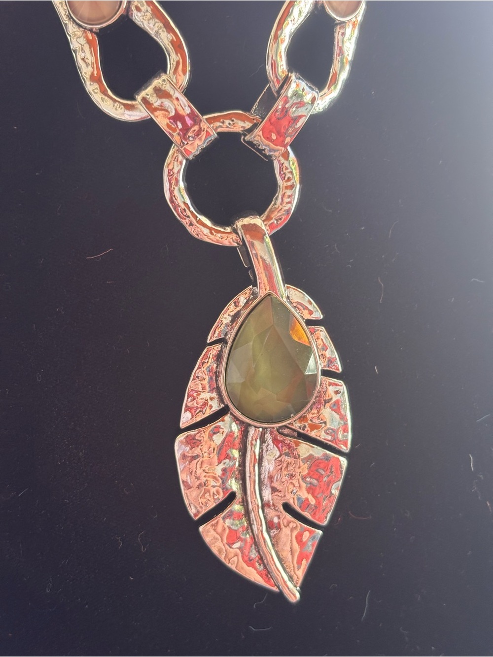 Silver Leaf Pendant Necklace with Olive Green Teardrop Stone